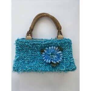 Purse Home Made Knit Turquoise Boho Vintage Vibe Charming One of a Kind Handled